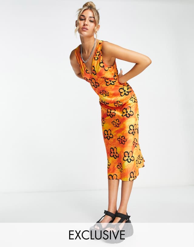 COLLUSION tie dye floral satin midi slip dress in orange print