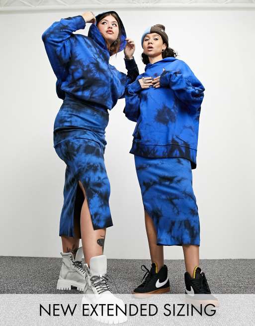 COLLUSION tie dye midi skirt in blue