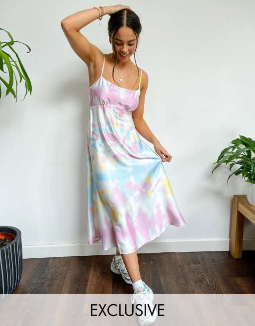 COLLUSION tie dye open back satin midi slip dress in multi