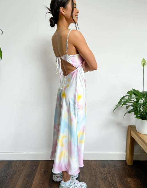 COLLUSION tie dye open back satin midi slip dress in multi