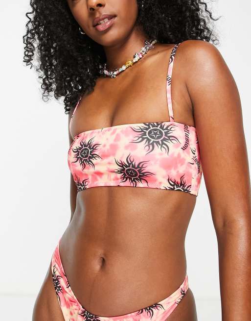 Luxe Palm twist front bandeau bikini top in red dotty prInt