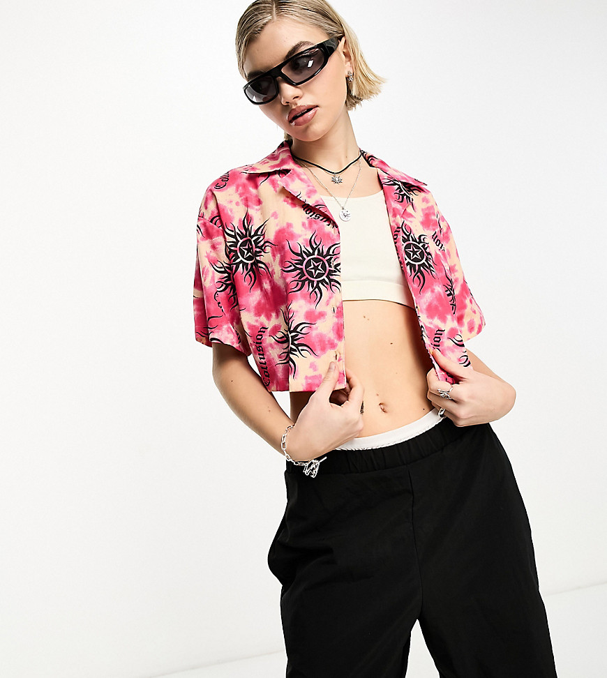 COLLUSION tie dye sun print cropped revere shirt co ord in pink