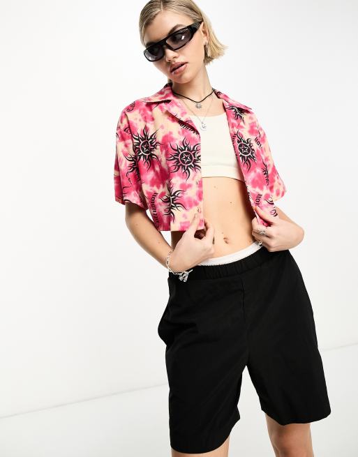 COLLUSION tie dye sun print cropped revere shirt in pink (part of a set)