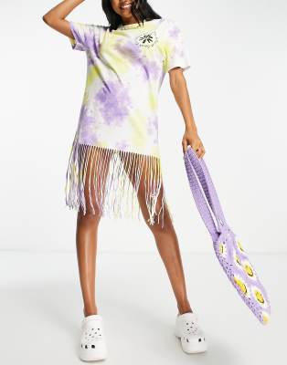 Collusion COLLUSION tie dye t-shirt dress with fringing in purple