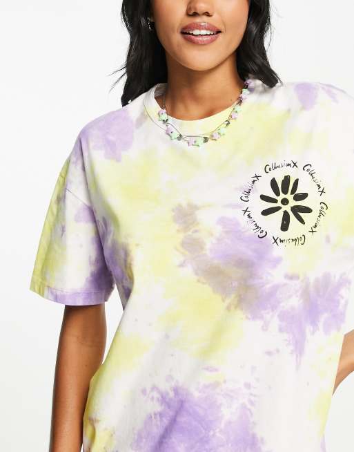 COLLUSION tie dye t-shirt dress with fringing in purple, 3 of 4