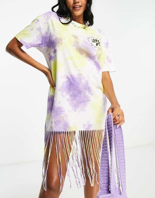 COLLUSION tie dye t-shirt dress with fringing in purple, 4 of 4