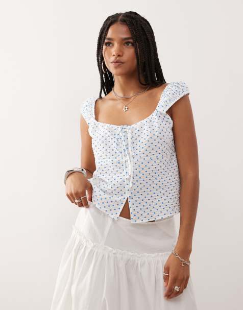 COLLUSION tie front babydoll top in blue spot - view 1