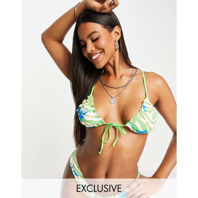 COLLUSION tie front bikini top in neon animal print LGREEN ASOS