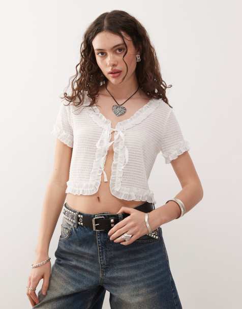 COLLUSION tie front frill top in white - view 1