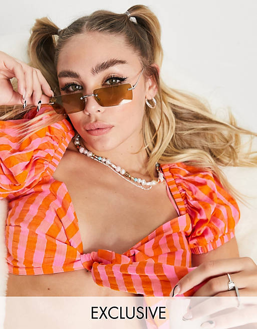 COLLUSION tie front gingham crop top co-ord in pink and orange