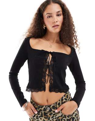 Collusion COLLUSION tie front long sleeve lace trim rib top in black