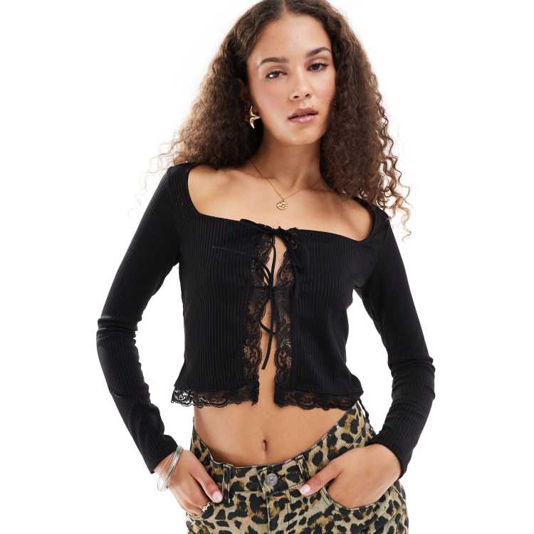 COLLUSION tie front long sleeve lace trim rib top in black | ASOS