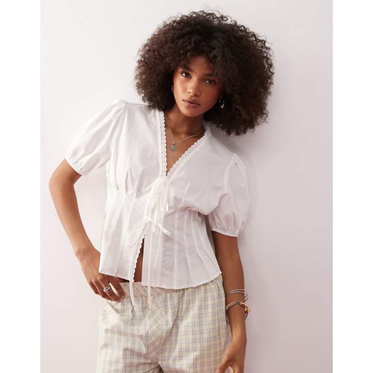 COLLUSION tie front puff sleeve top with cinched waist | ASOS