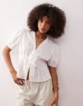 [Collusion] COLLUSION tie front puff sleeve top with cinched waist-White L WHITE