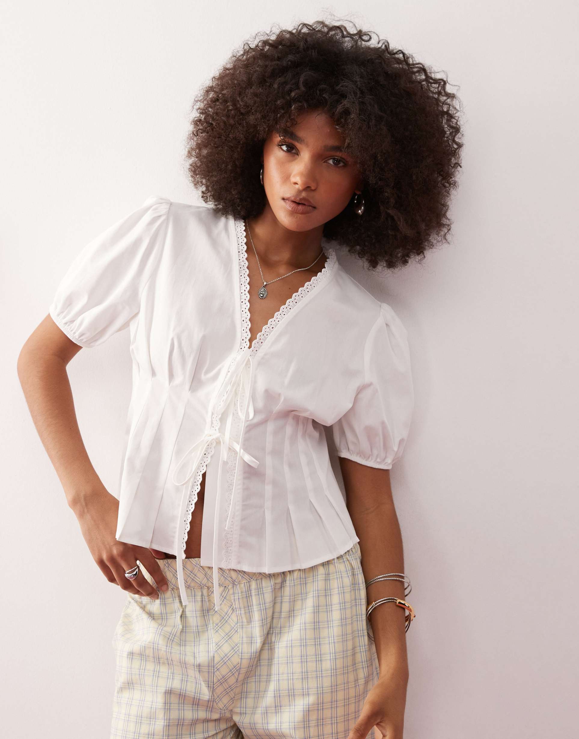 collusion tie front puff sleeve top with cinched waist