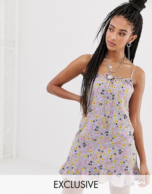 COLLUSION tie front slip dress in floral print