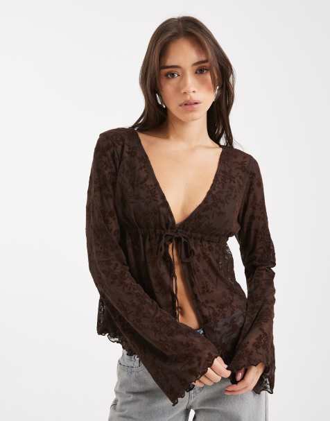 COLLUSION tie front top in black lace - view 1