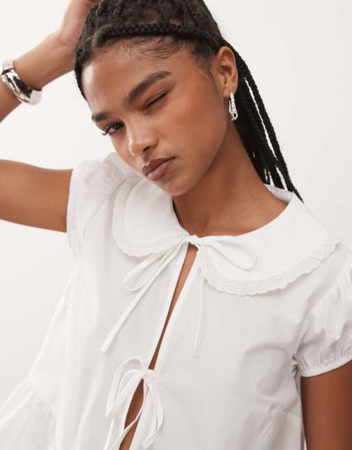 COLLUSION tie front top with collar in white, 3 of 4