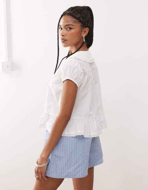 COLLUSION tie front top with collar in white, 4 of 4