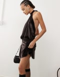 [Collusion] COLLUSION tie halter backless flippy mini dress in dark choc velvet-Brown M Chocolate