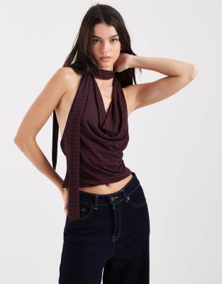 Collusion Tie Halter Neck Scarf Top In Multi