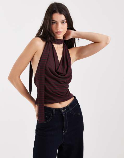 COLLUSION tie halter neck scarf top in red stripes - view 1
