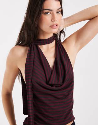 Collusion Tie Halter Neck Scarf Top In Multi