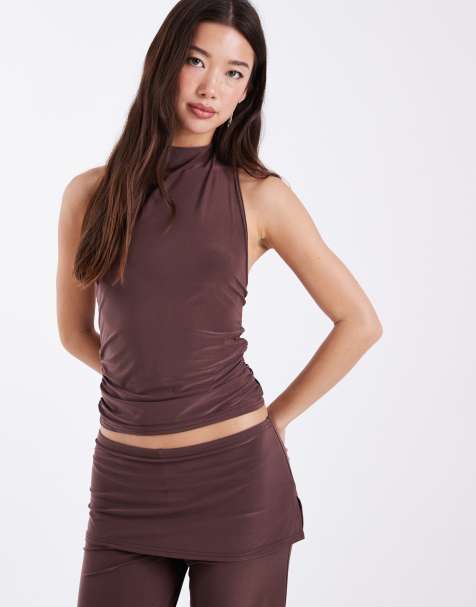 COLLUSION tie halter neck scarf top slinky in deep chocolate (part of a set) - view 1