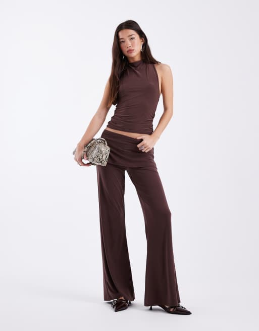COLLUSION tie halter neck scarf top slinky in deep chocolate (part of a set), 2 of 4