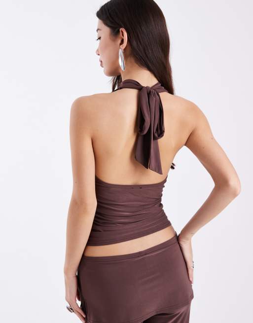 COLLUSION tie halter neck scarf top slinky in deep chocolate (part of a set), 4 of 4