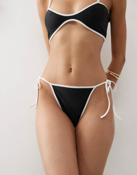 COLLUSION tie side contrast binding bikini bottom in black - view 1