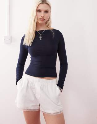 Collusion Tie Waist Long Sleeve Slash Neck Top In Navy