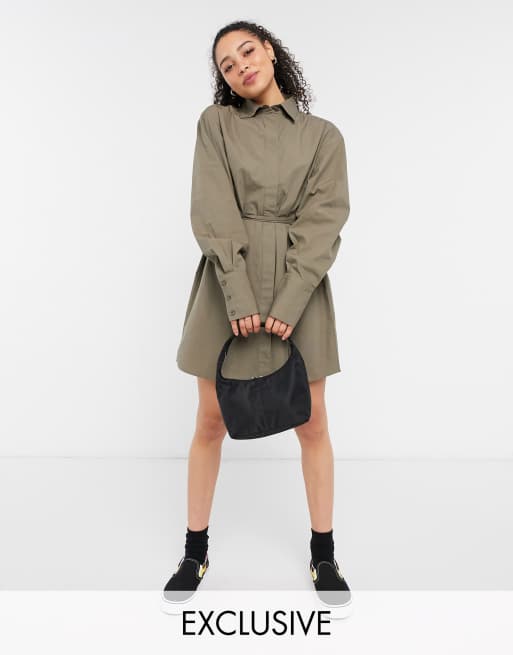 COLLUSION tie waist mini shirt dress in khaki