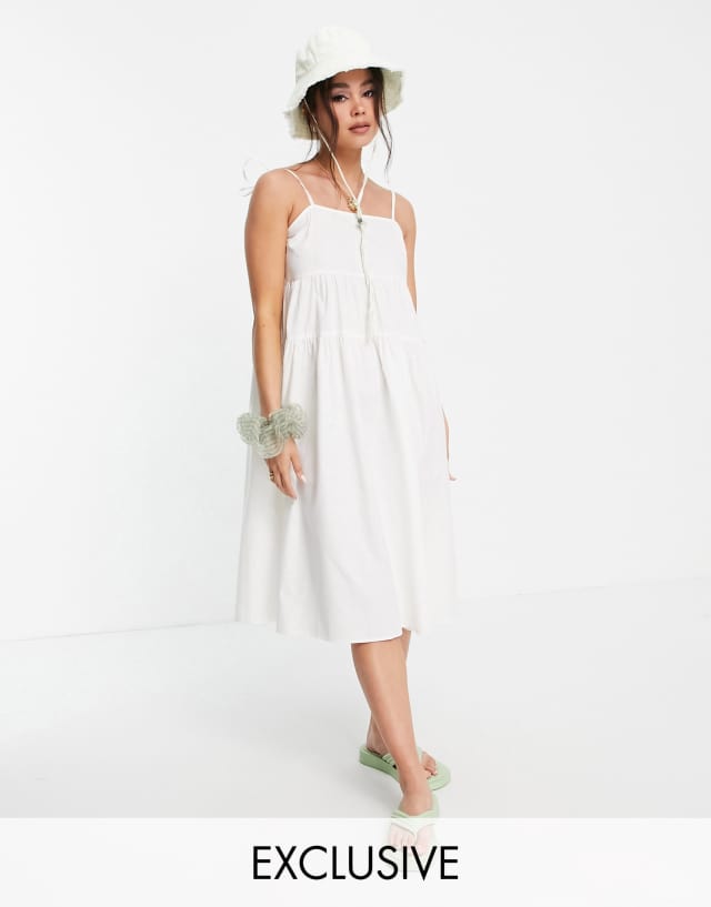 COLLUSION tiered cami midi sundress in white