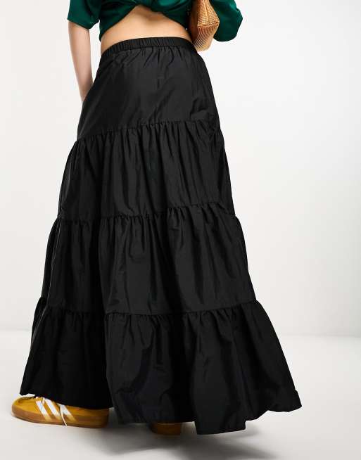 Black cotton 2025 tiered maxi skirt