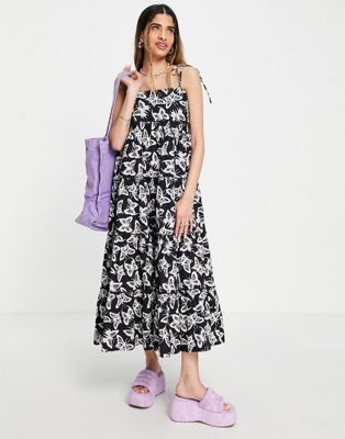 COLLUSION tiered midi cami dress in black butterfly print