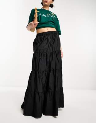 Collusion Tiered Taffeta Maxi Skirt In Black