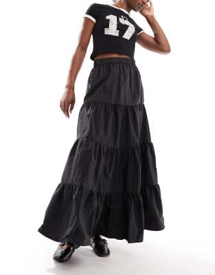Collusion Tiered Taffeta Maxi Skirt In Black In Black