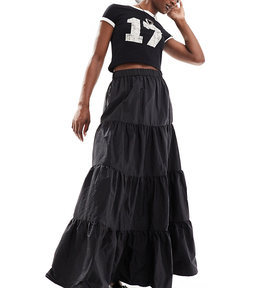 COLLUSION tiered taffeta maxi skirt in black