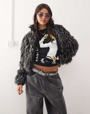 tipped faux fur short jacket in black