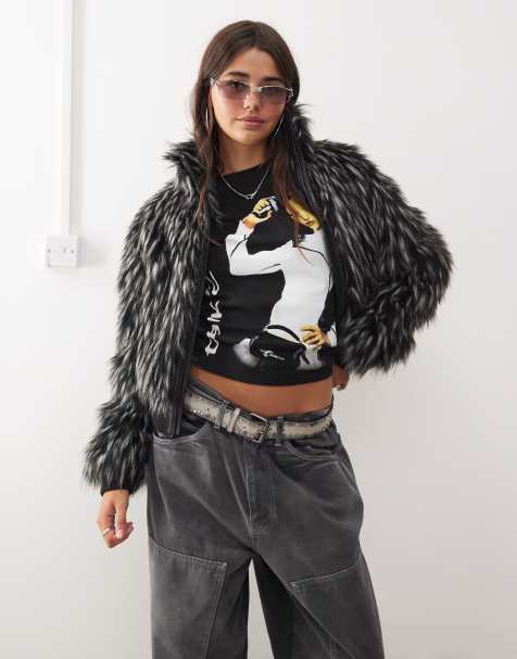 COLLUSION tipped faux fur short jacket in black - view 1
