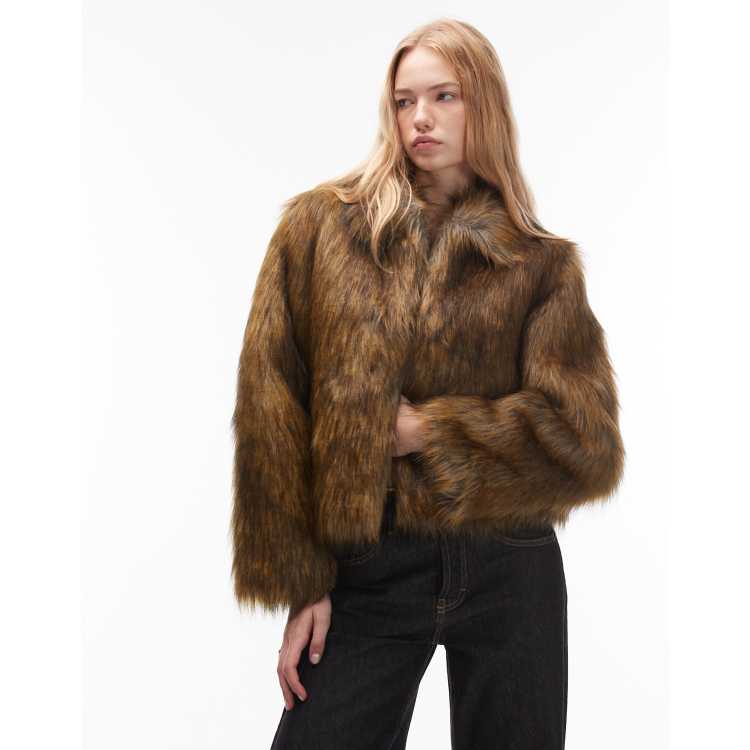 COLLUSION tipped faux fur short jacket in brown | ASOS