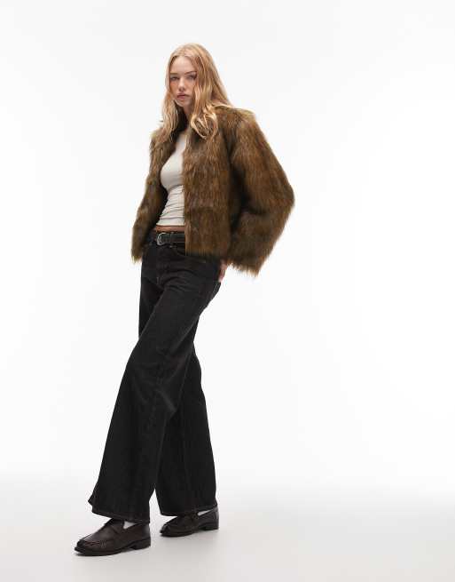 COLLUSION tipped faux fur short jacket in brown
