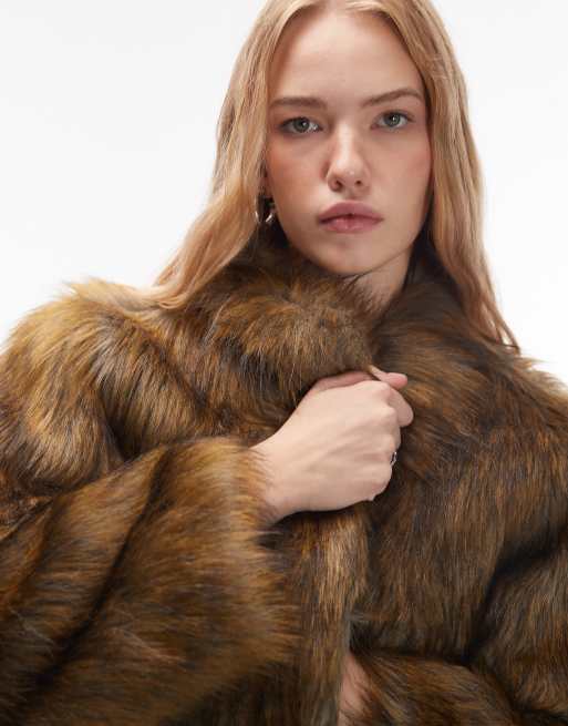 COLLUSION tipped faux fur short jacket in brown