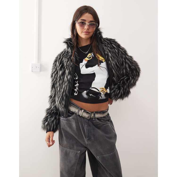 COLLUSION tipped fur short jacket in black | ASOS