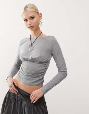 COLLUSION tissue mesh long sleeve ruched detail top-Grey