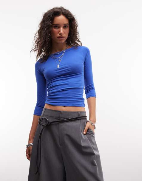 COLLUSION top à encolure bateau et manches 3/4 bleu - view 1