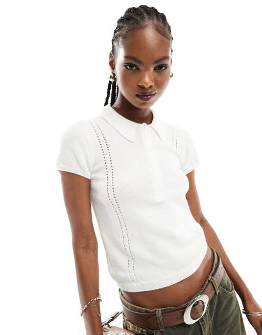 COLLUSION - Top a maniche corte in maglia color crema con bottoni 