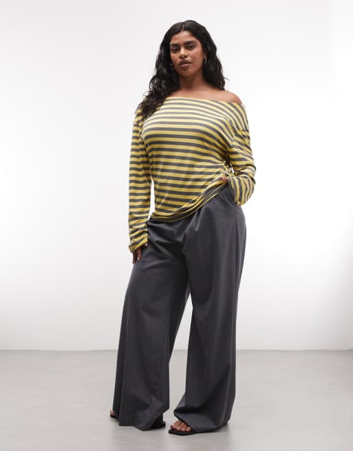 COLLUSION - Top a maniche lunghe con spalle scoperte color limone e grigio a righe, 3 di 4