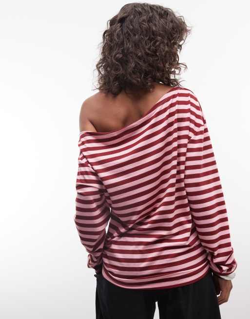 COLLUSION - Top a maniche lunghe con spalle scoperte rosa e bordeaux a righe, 2 di 4